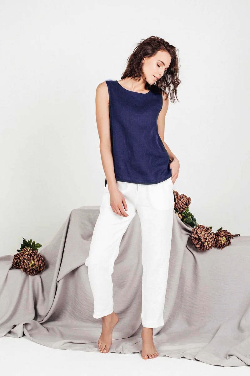 Women's Cropped Linen Top - Navy Blue Sleeveless Blouse - SOLTA