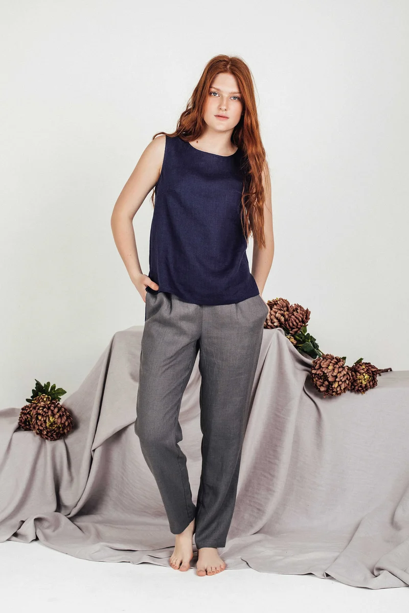 Women's Cropped Linen Top - Navy Blue Sleeveless Blouse - SOLTA