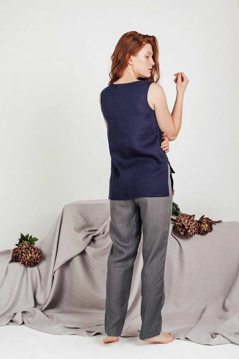 Women's Cropped Linen Top - Navy Blue Sleeveless Blouse - SOLTA