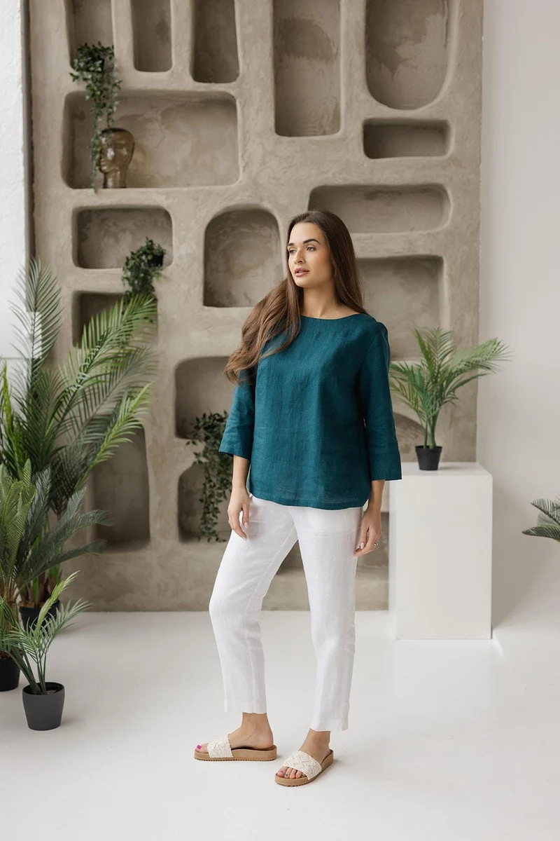 Linen Boat Neck Blouse | 3/4 Sleeve Relaxed Top - DIVA