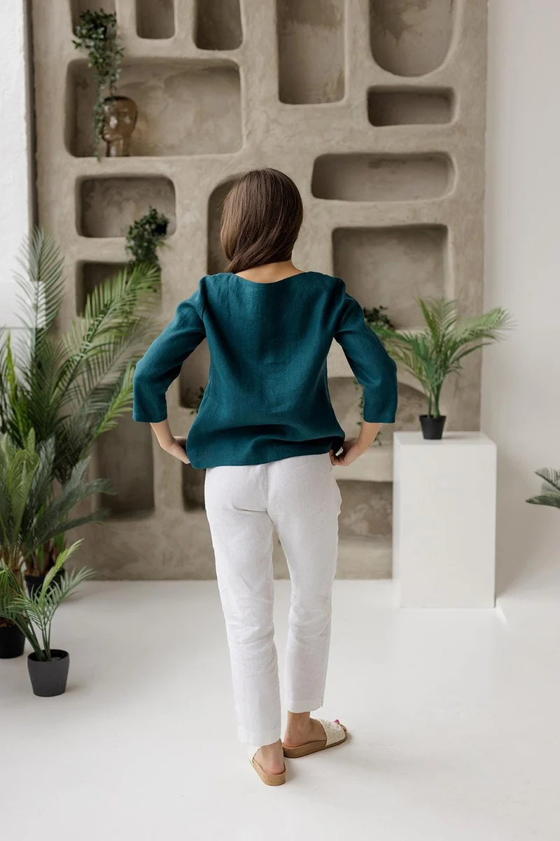 Linen Boat Neck Blouse | 3/4 Sleeve Relaxed Top - DIVA