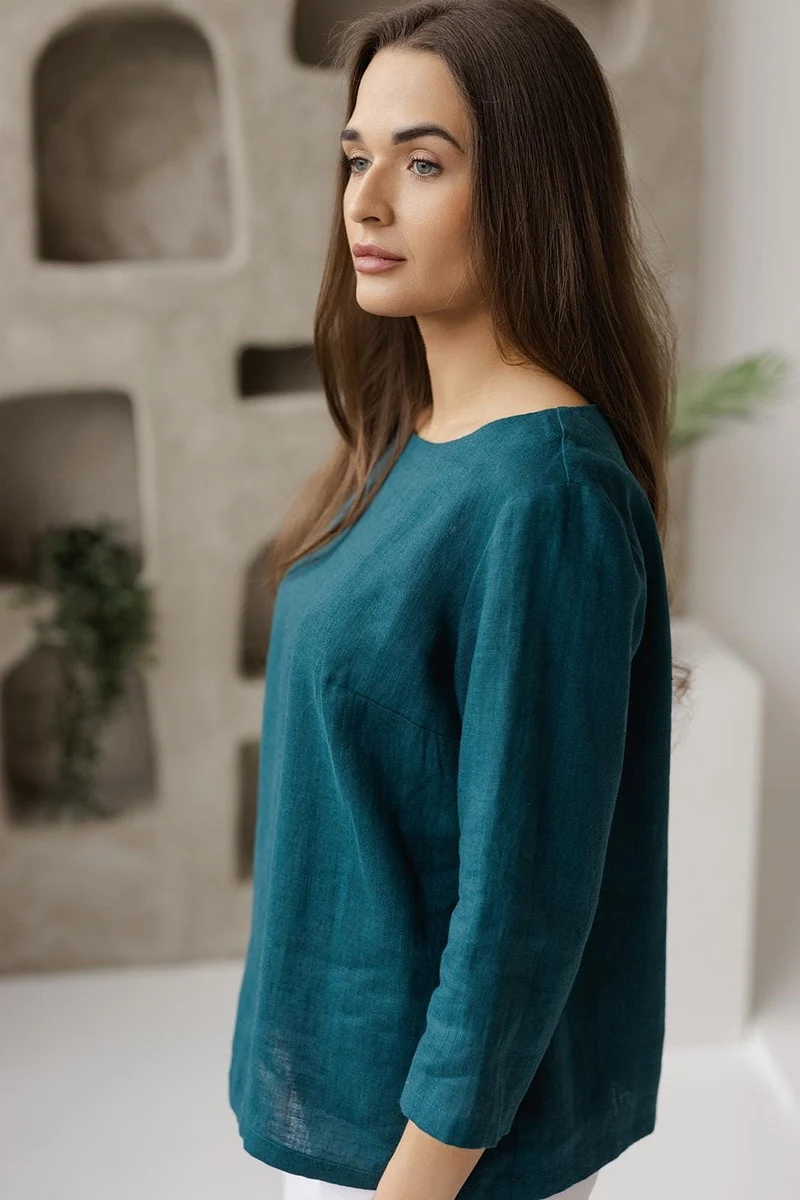 Linen Boat Neck Blouse | 3/4 Sleeve Relaxed Top - DIVA