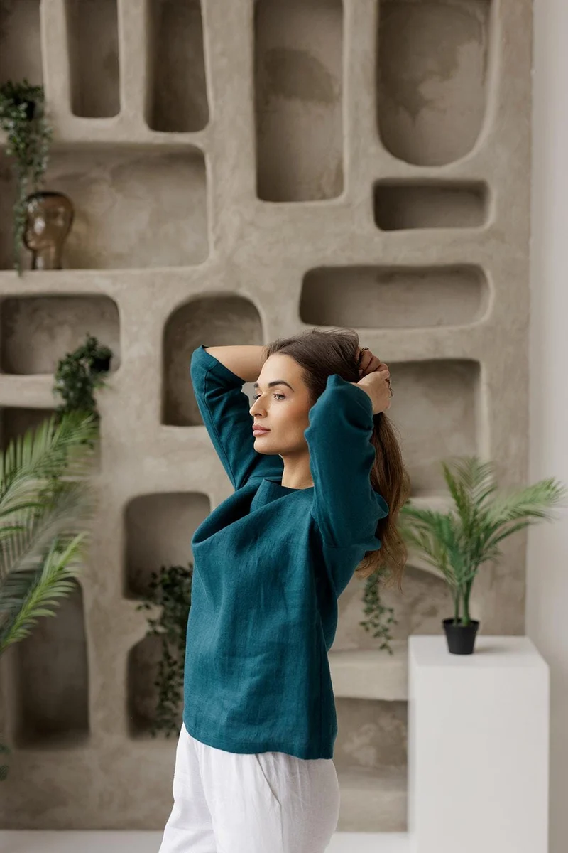 Linen Boat Neck Blouse | 3/4 Sleeve Relaxed Top - DIVA