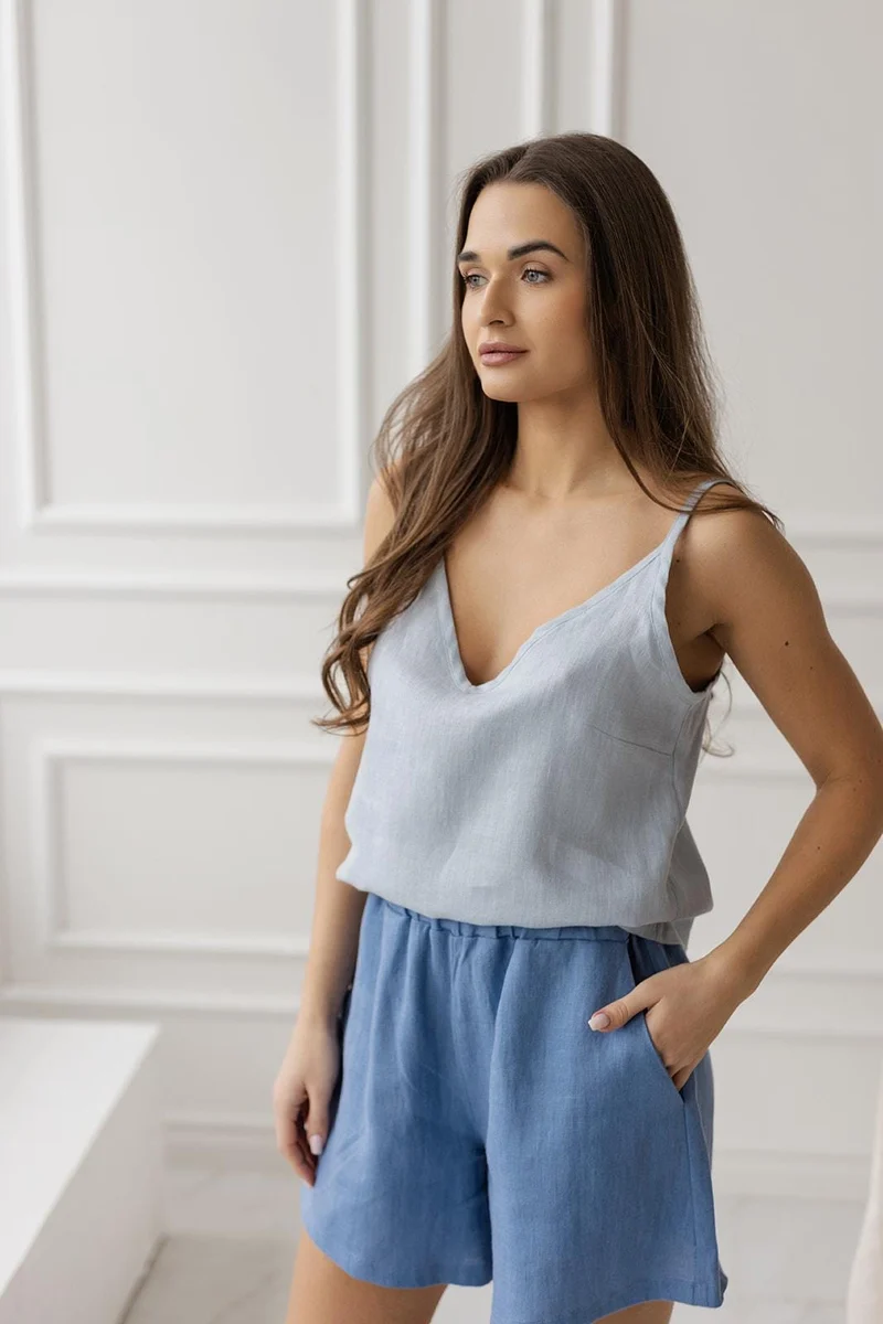 Linen Cami Top, V Neck Spaghetti Strap, Loose Fit Summer Tank, Breathable - VETRA