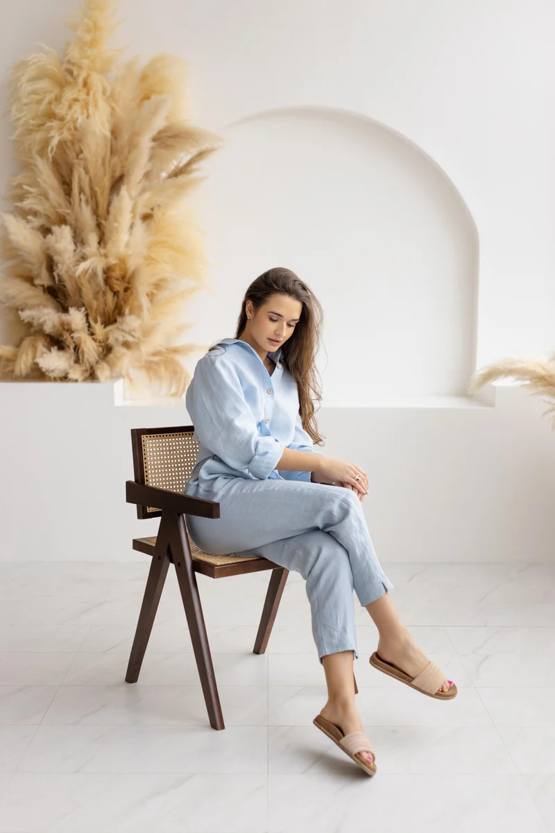Dusty Blue Linen Wide Leg Pants | Elastic Waist Summer Trousers - LINARA