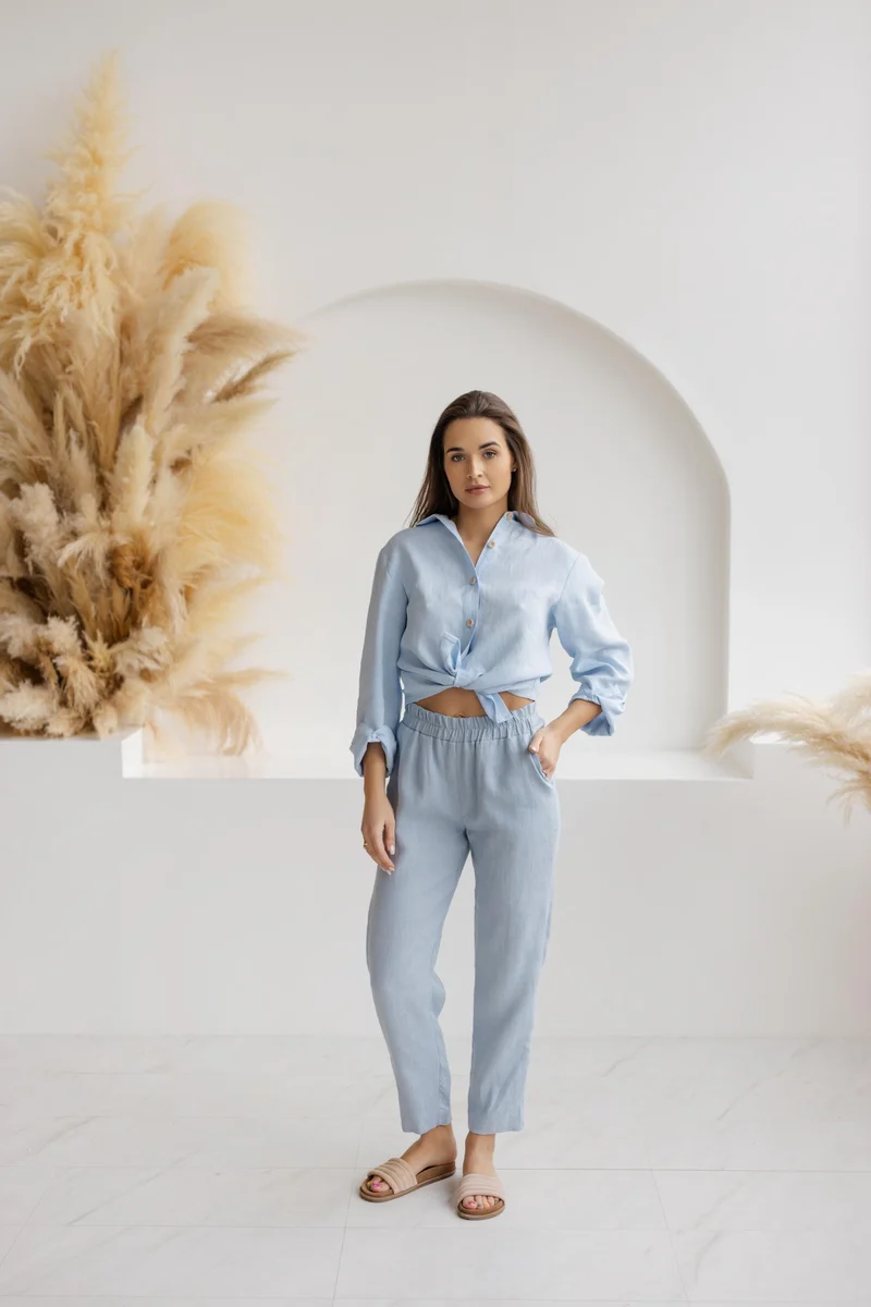 Dusty Blue Linen Wide Leg Pants | Elastic Waist Summer Trousers - LINARA