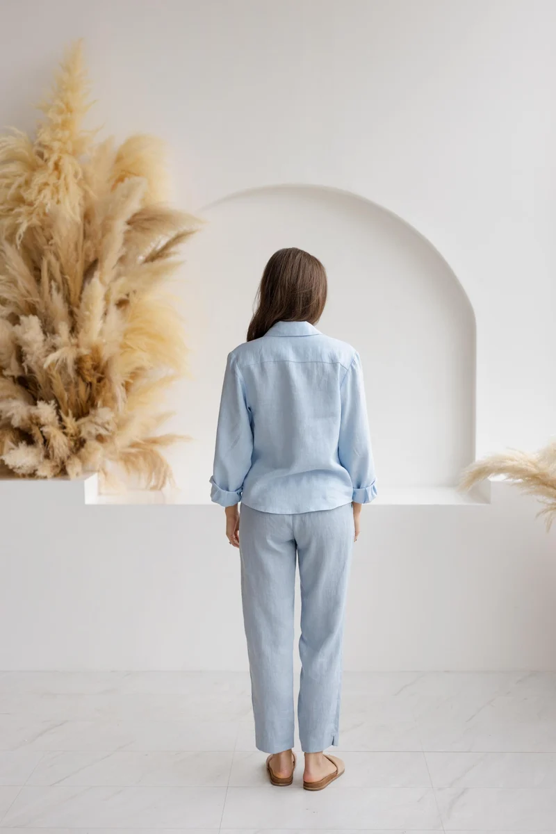 Dusty Blue Linen Wide Leg Pants | Elastic Waist Summer Trousers - LINARA