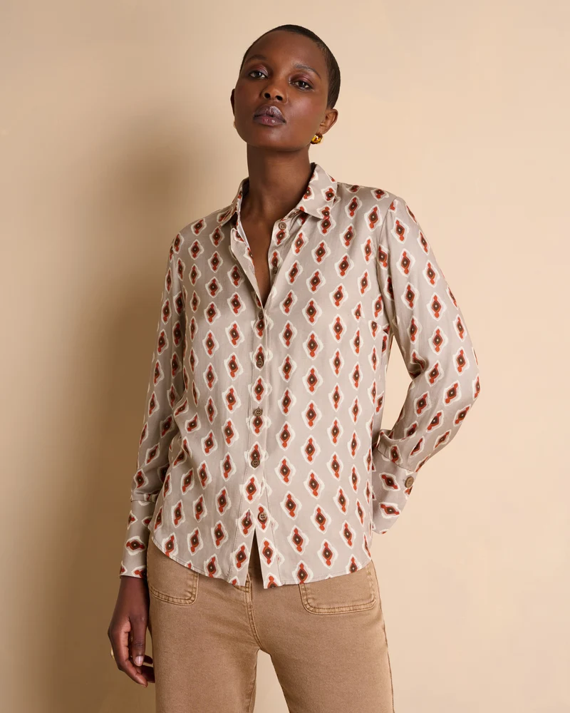Chemise beige imprimée manches longues CALLIGRAPHIE/14082/538