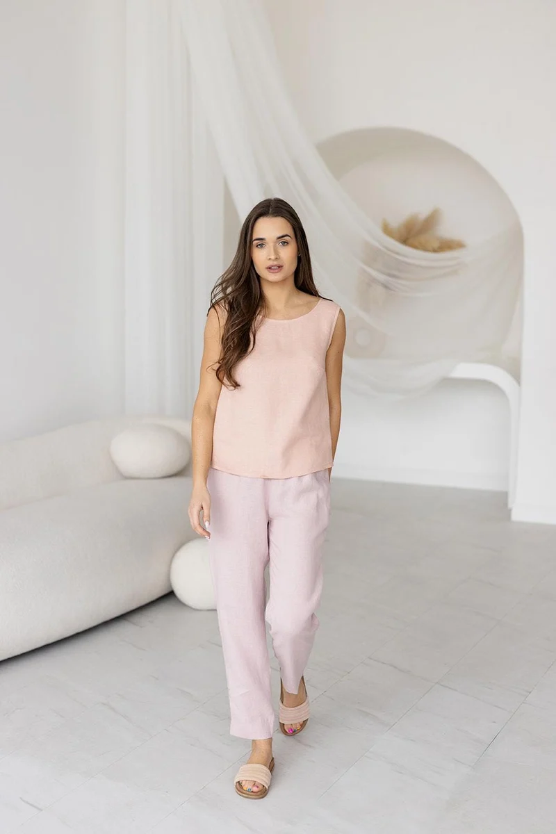 Relaxed Fit Linen Trousers, Wide Leg, Elastic Waist, Summer Pants - LINARA