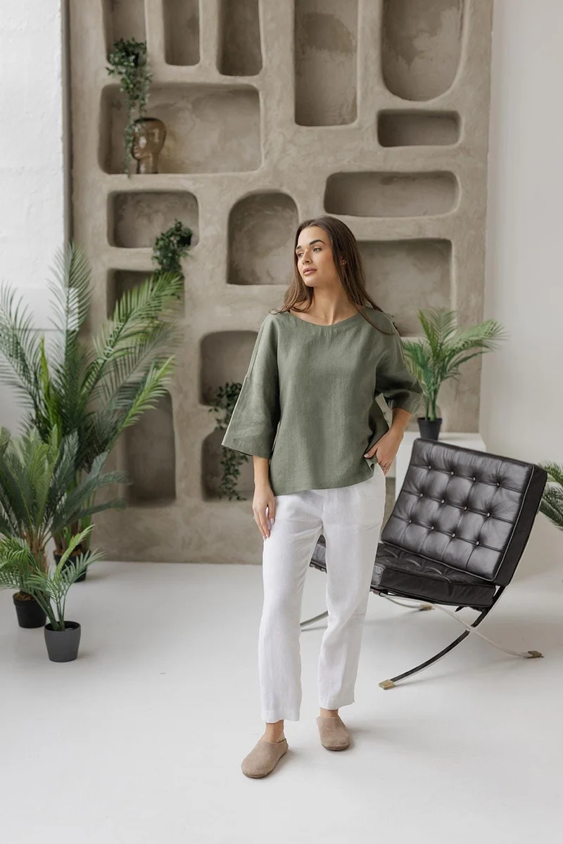 Oversized Linen Kimono Blouse | Loose Summer Top - ZENOVA