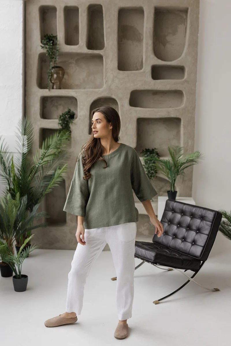 Oversized Linen Kimono Blouse | Loose Summer Top - ZENOVA