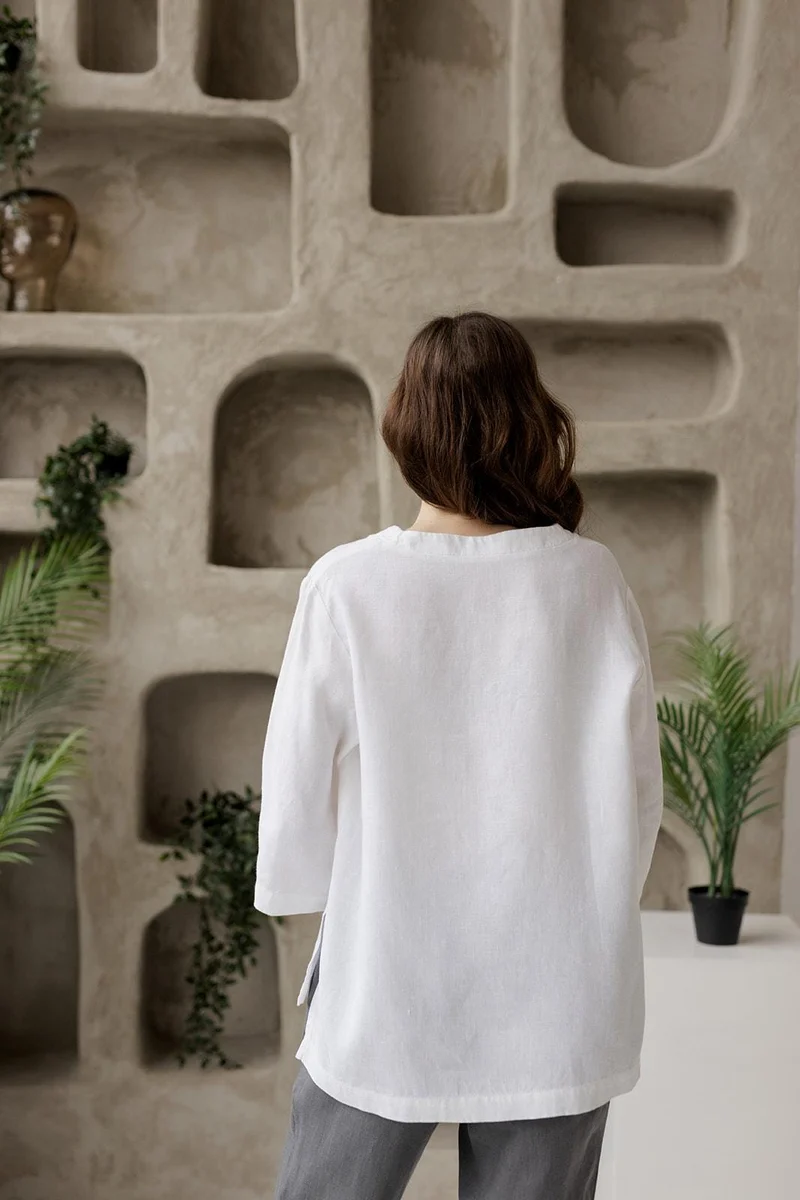 Linen Tunic Top - V-Neck, Loose Fit, Summer Linen Blouse - ALBA