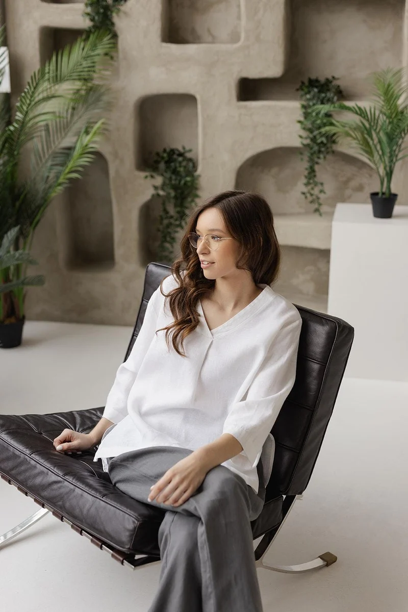 Linen Tunic Top - V-Neck, Loose Fit, Summer Linen Blouse - ALBA