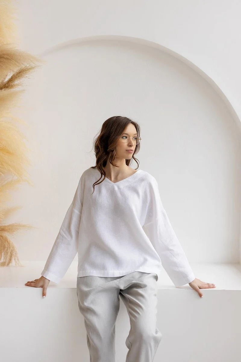 Linen Blouse - Oversized V-Neck, Relaxed Fit, Sustainable, Natural Linen Top - SOLVIA