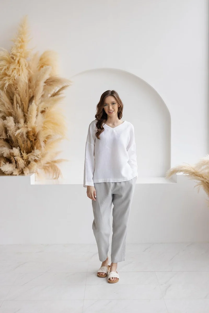Linen Blouse - Oversized V-Neck, Relaxed Fit, Sustainable, Natural Linen Top - SOLVIA