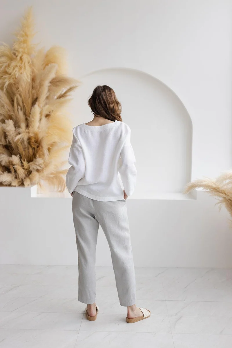 Linen Blouse - Oversized V-Neck, Relaxed Fit, Sustainable, Natural Linen Top - SOLVIA