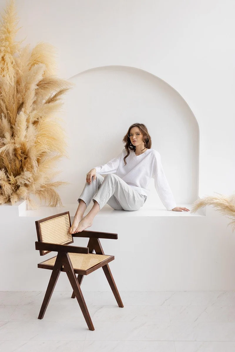 Linen Blouse - Oversized V-Neck, Relaxed Fit, Sustainable, Natural Linen Top - SOLVIA