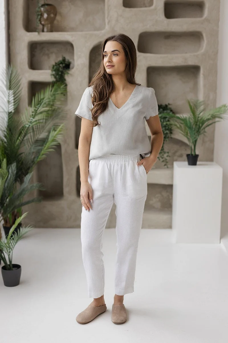 Premium Linen Blouse – V-Neck Short Sleeve, Relaxed Fit, Minimalist Top - LISSORA