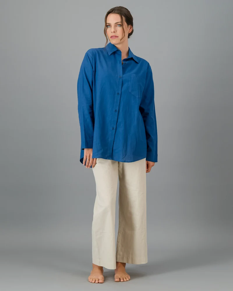 Ladies Blue Linen Shirt - Oversized - Denim Blue