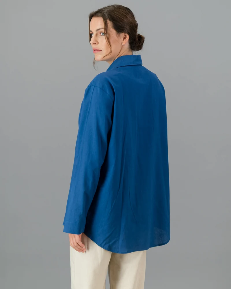 Ladies Blue Linen Shirt - Oversized - Denim Blue