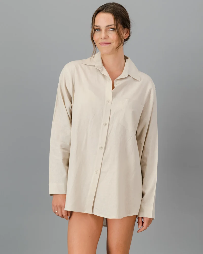 Women's Beige Linen Shirt - Oversized - Sand