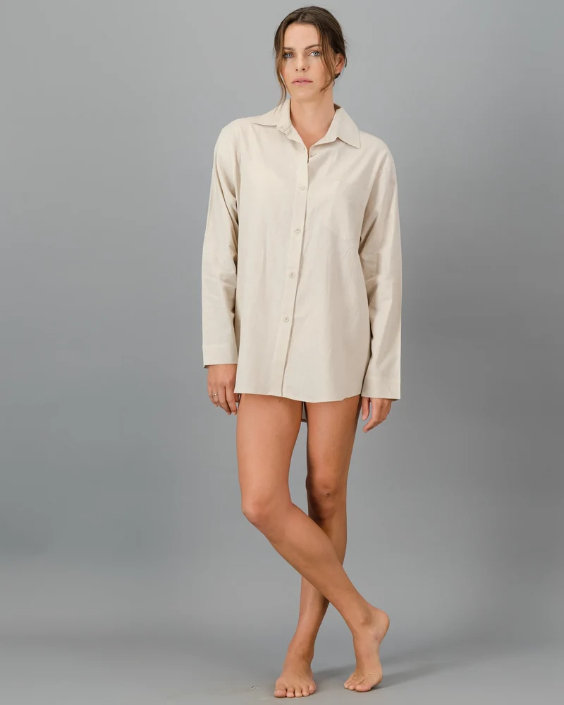 Women's Beige Linen Shirt - Oversized - Sand