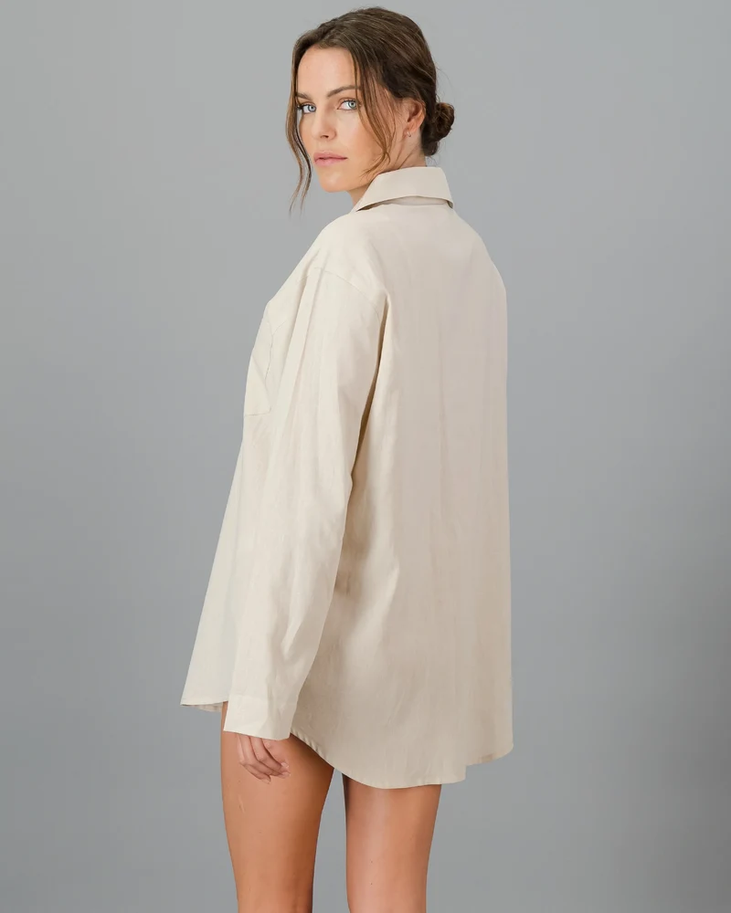 Women's Beige Linen Shirt - Oversized - Sand