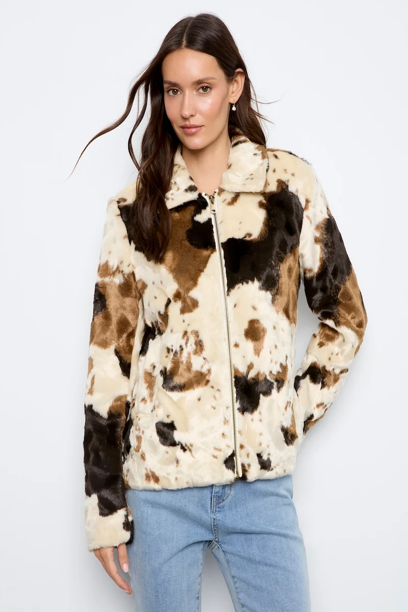 Le manteau en fausse fourrure motif vache Charlie B | C6441-788C