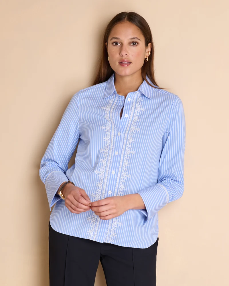 Chemise bleue à rayures blanches brodée CRAVATE/14075/630