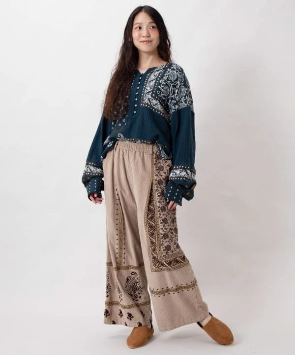 Pantalon en velours côtelé imprimé à la main indien