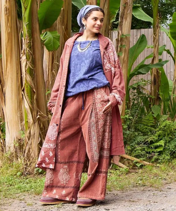 Pantalon en velours côtelé imprimé à la main indien