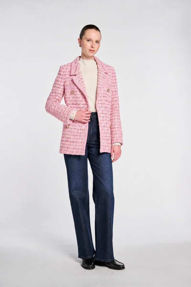 Blazer en tweed pastel galonné