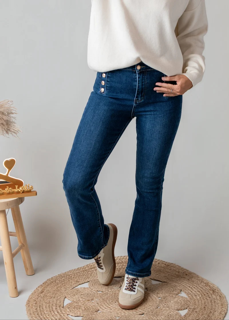 Jean flare bleu brut à boutons Loris