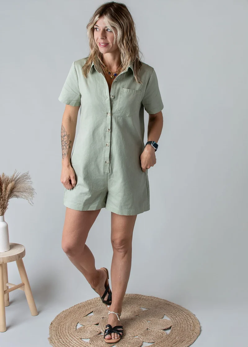 Combishort Droite Coton Kaki Clair Style Denim Zoé