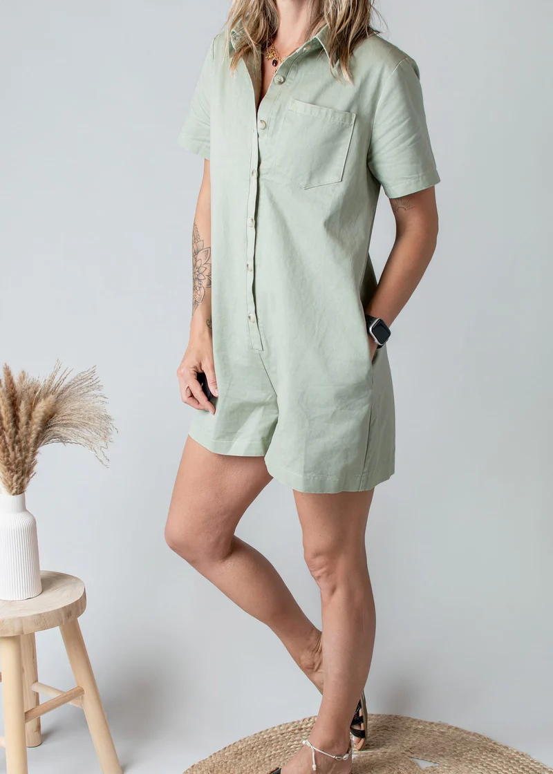Combishort Droite Coton Kaki Clair Style Denim Zoé