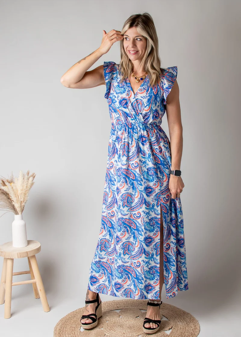 Robe Longue Bleue Imprimé Cachemire Louna