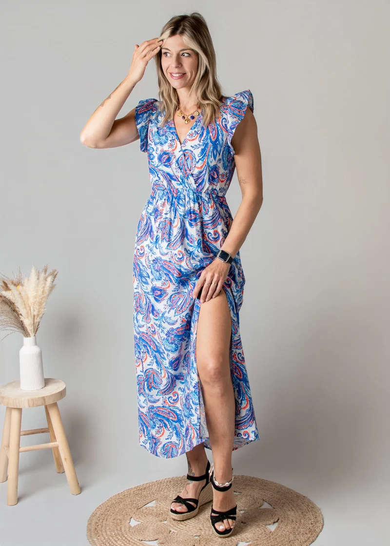 Robe Longue Bleue Imprimé Cachemire Louna