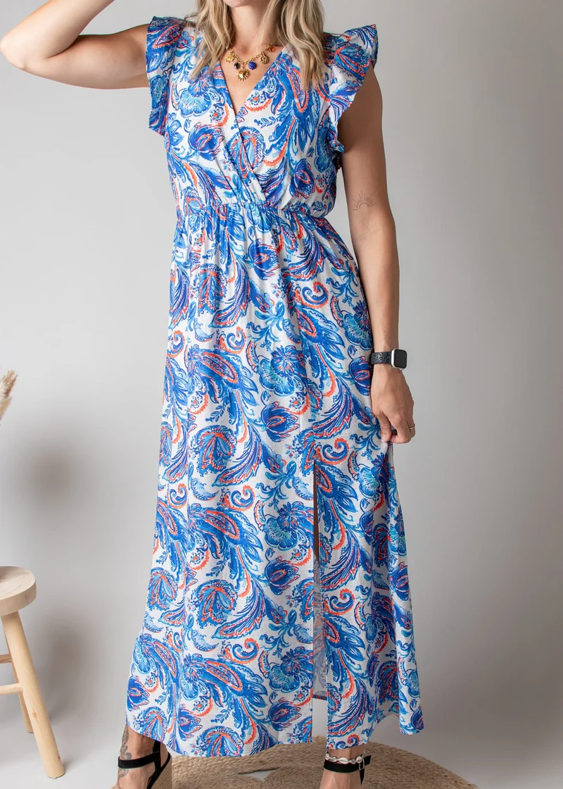 Robe Longue Bleue Imprimé Cachemire Louna