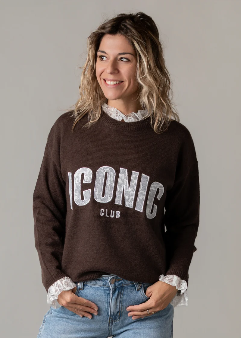 Pull chocolat dentelle brodé Iconic Clémence
