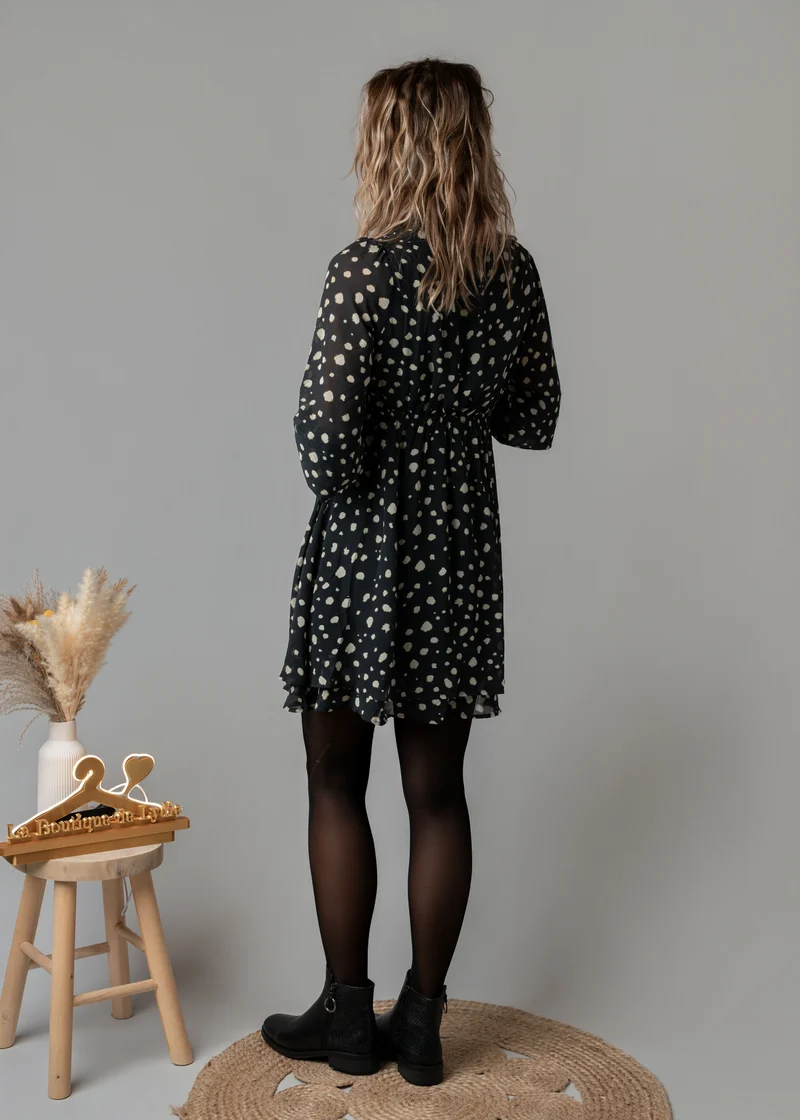 Robe courte cache-cœur noire à motifs Lison