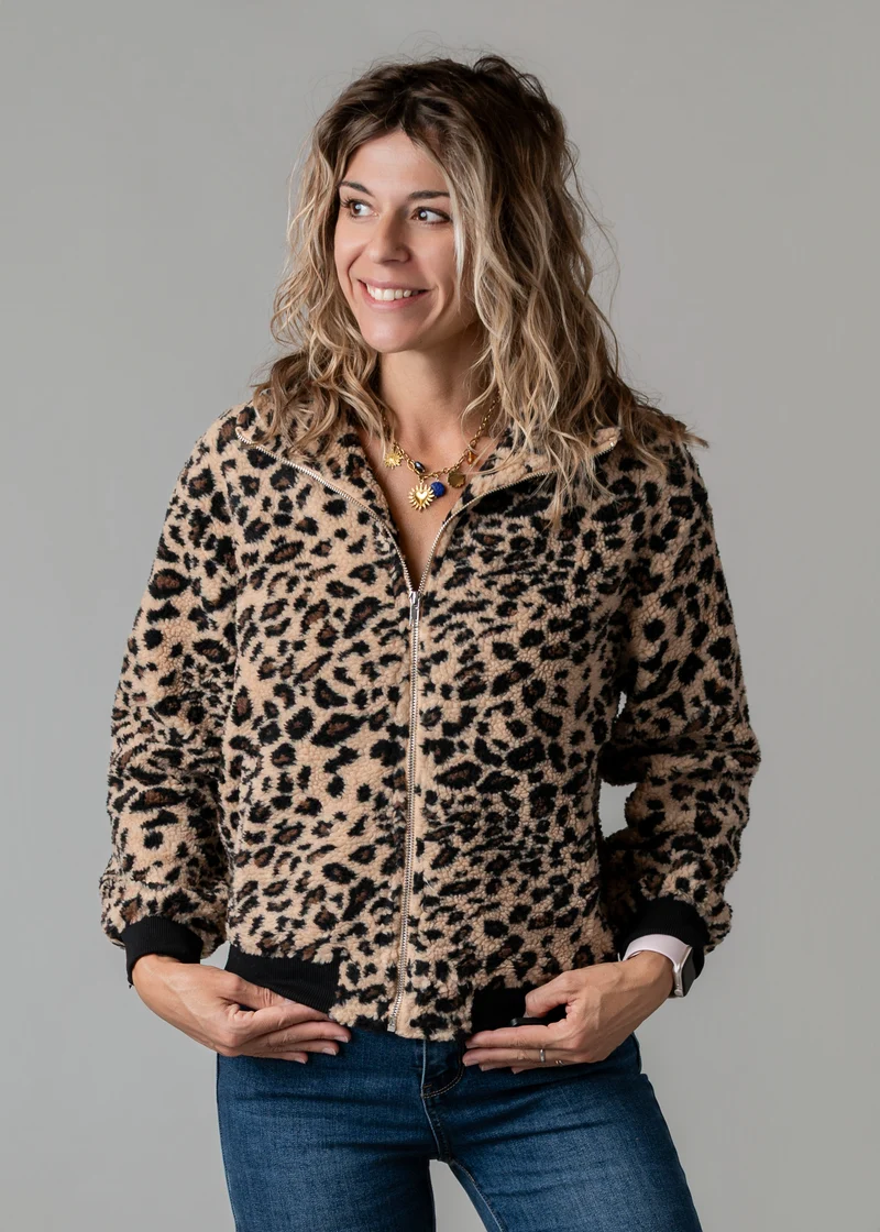 Veste zippée bouclée léopard Roxie