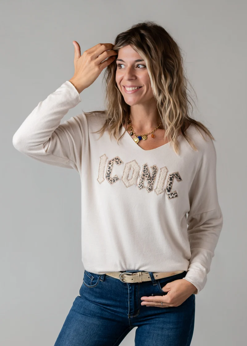 Pull fin col V écru Iconic Roma