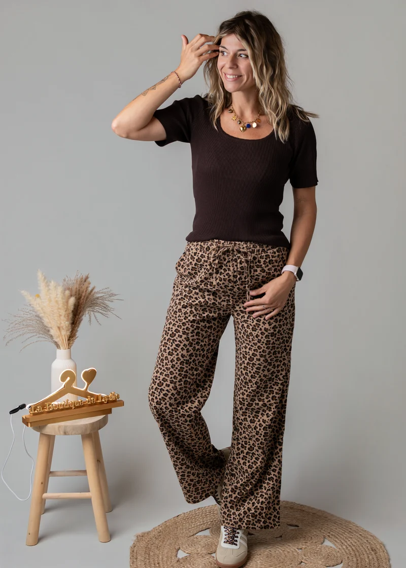 Pantalon fluide velours côtelé léopard Milo