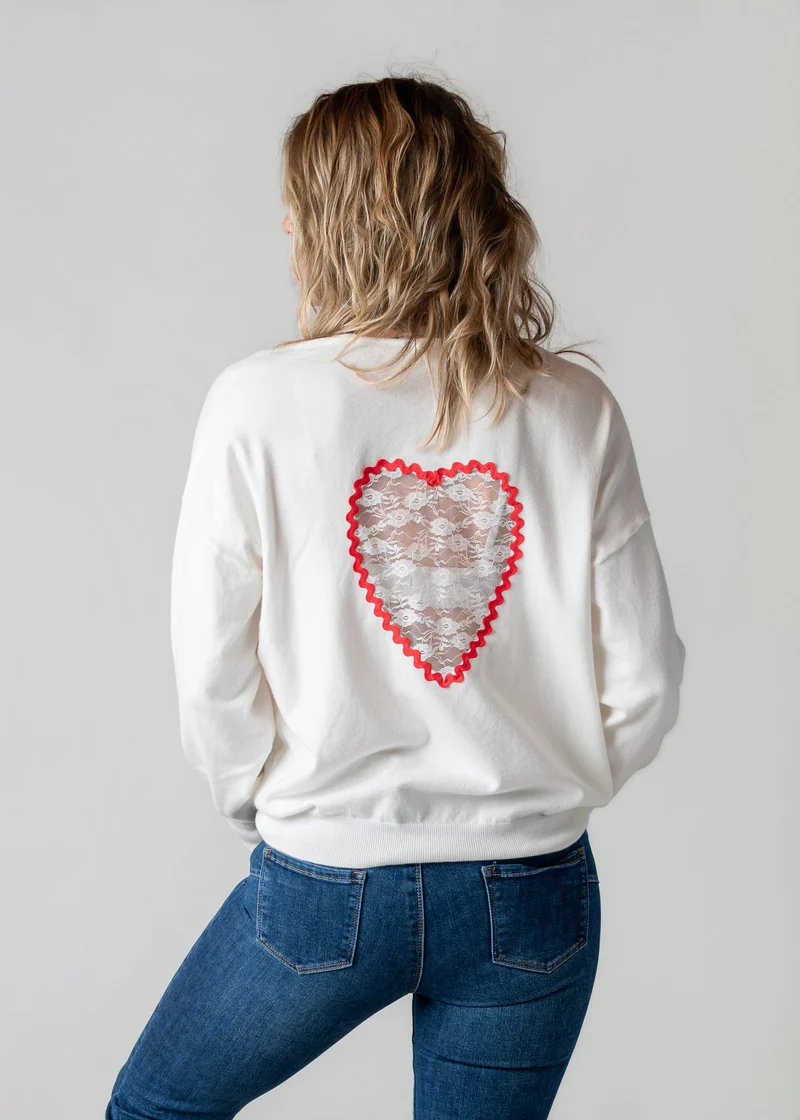 Pull fin écru cœur dentelle Amor