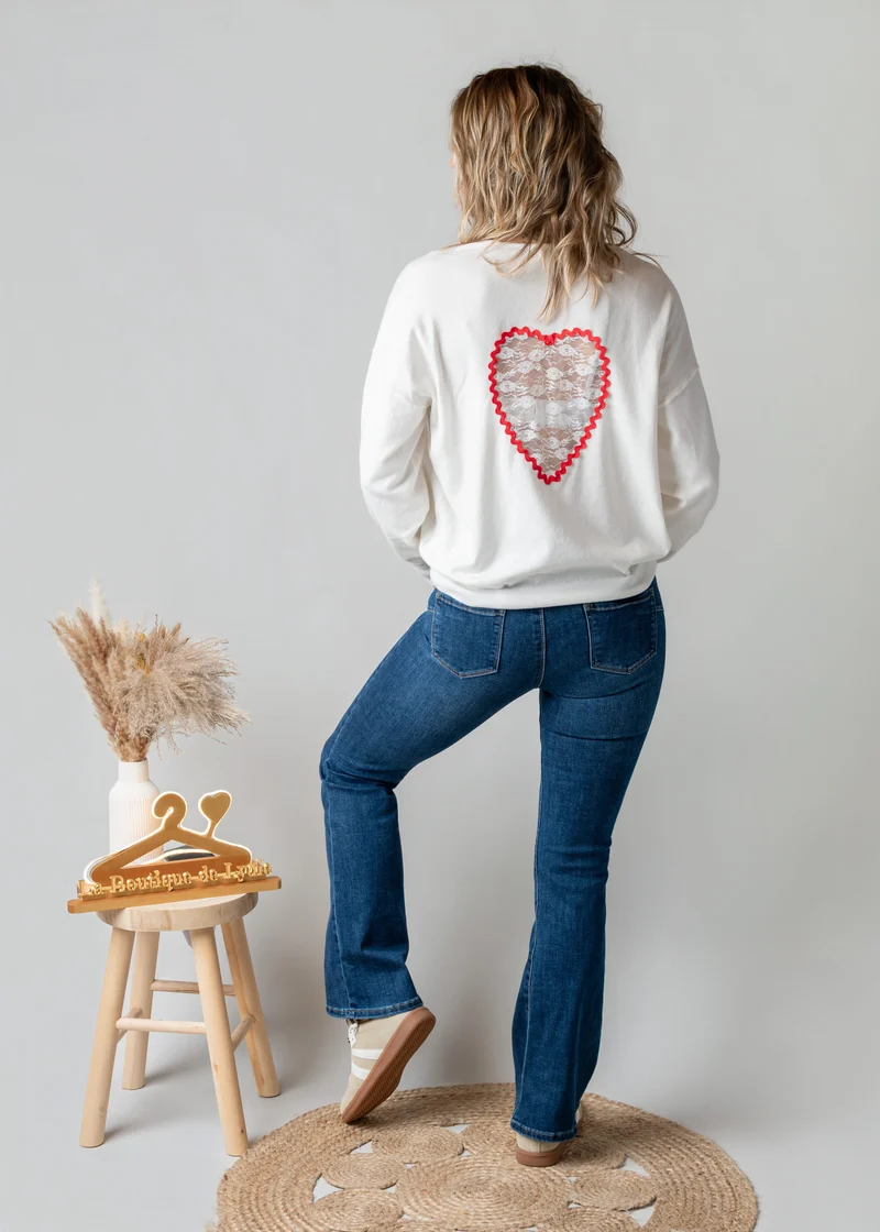 Pull fin écru cœur dentelle Amor