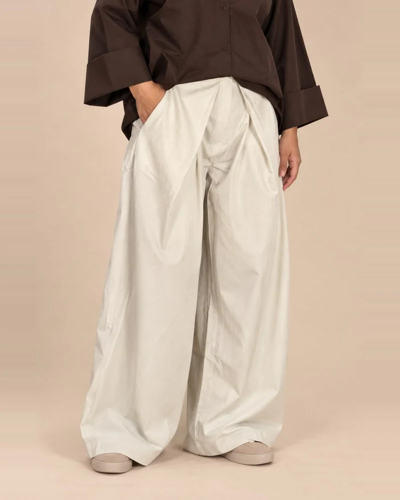 Pantalon large femme beige à plis