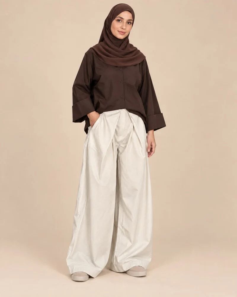 Pantalon large femme beige à plis