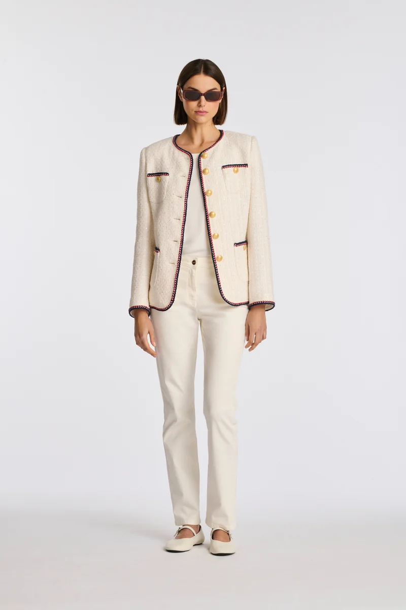 Veste longue en tweed galonnée
