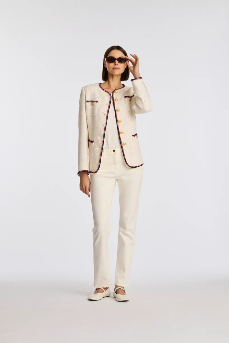 Veste longue en tweed galonnée
