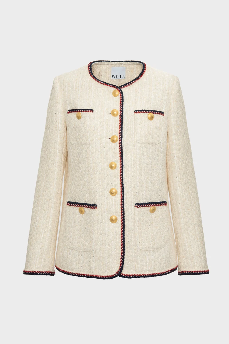 Veste longue en tweed galonnée